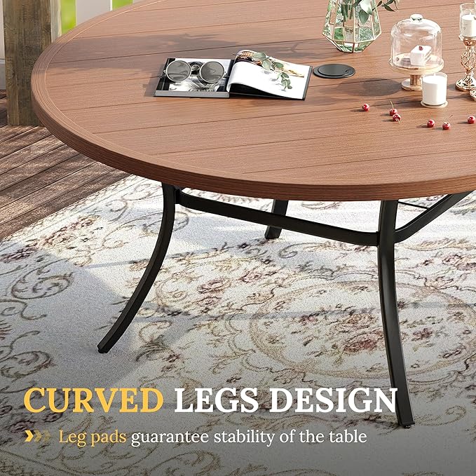 VICLLAX Patio Dining Set for 8, 9 Pieces Outdoor Furniture Includes 60" Round Patio Table with Umbrella Hole and 8 Outdoor Swivel Chairs for Lawn Garden, Walnut Tabletop and Mixed Brown Fabric