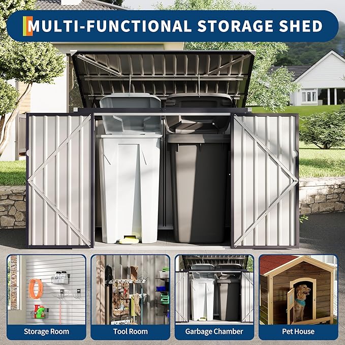2 Trash Cans Metal Outdoor Storage, 3x6 FT Garbage Bin Storage Shed with Chain Lid, Garbage Can Metal Sheds for Garden, Backyard, Lawn and Patio