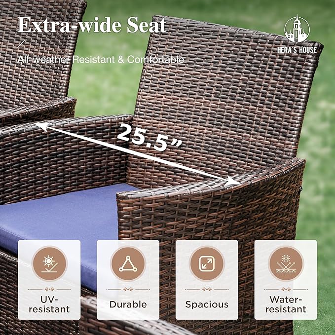 HERA'S HOUSE 7 Pieces Outdoor Dining Set, Outdoor Dining Set for 6, 6 x Cushioned Rattan Chairs, 1 x Rectangular Metal Dining Table with Wood-Look Finish for Patio, Lawn, Garden, Porch