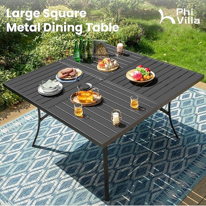 PHI VILLA 9-Piece Metal Patio Outdoor Table and Chairs Outdoor Dining Set - Large Square Patio Table and 8 Backyard Garden Chairs, Black