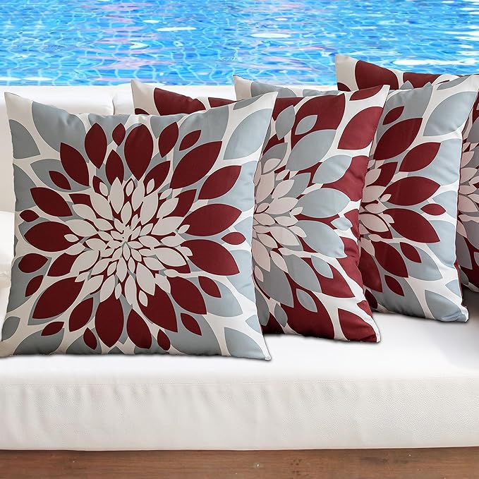 Qahing Pack of 4 Outdoor Waterproof Pillow Covers 16x16 Decorative Outdoor Throw Pillows Garden Square Cushion Cases for Patio Furniture, Couch, Tent Sunbrella, Bench, Burgundy Red Grey