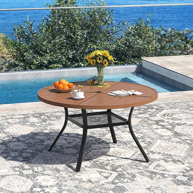 DIFY 40.6" Round Outdoor Patio Dining Table for 4, All-Weather Metal Steel Slatted Patio Table with 1.57" Adjustable Umbrella Hole, for Lawn Garden Porch Backyard, Walnut