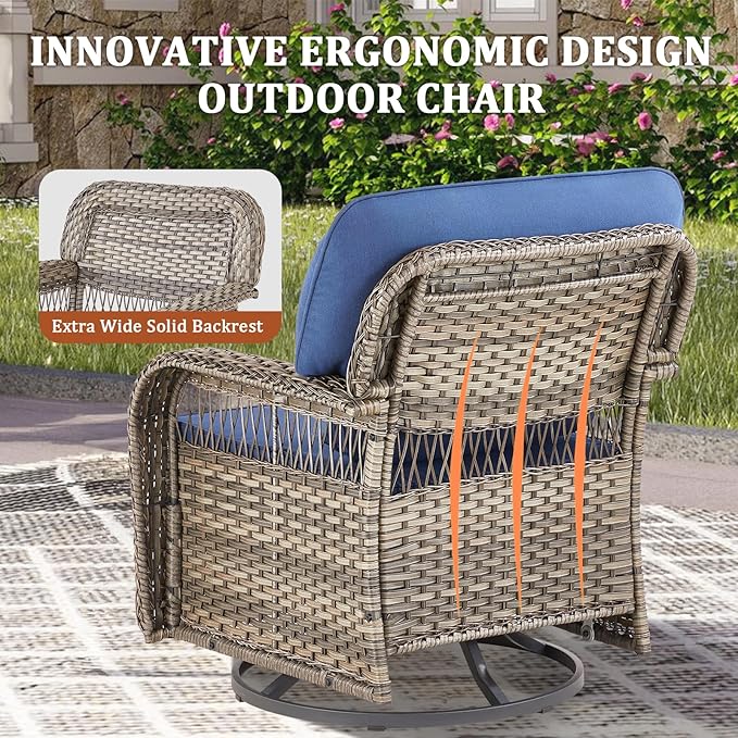 9 Pieces Patio Furniture Set Outdoor Sectional Sofa Couch with Rocking Swivel Chairs 5" Deep Seat Chairs, Modern Wicker Rattan Conversation Set, Blue/Gray Wicker