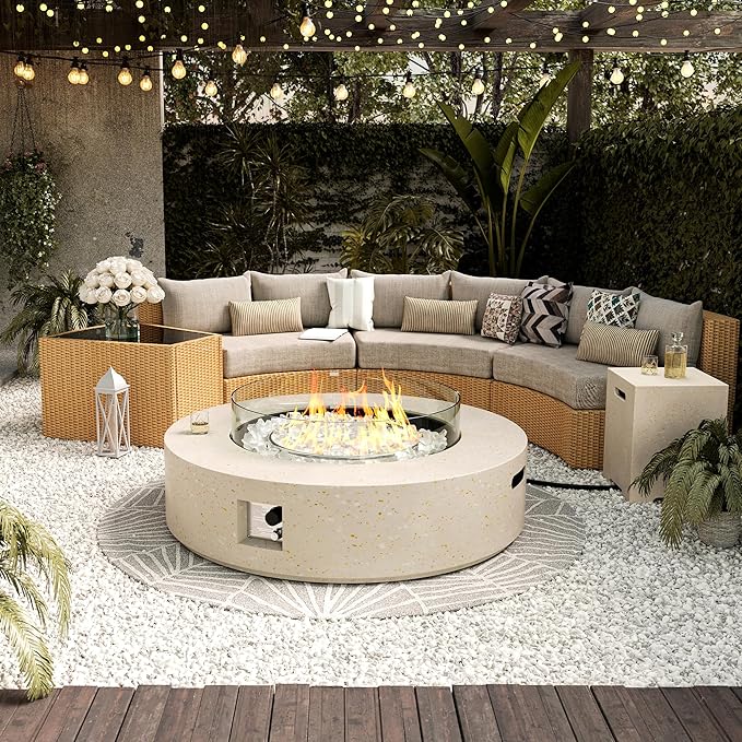 UPHA 42-inch Outdoor Propane Gas Fire Pit Table 50000 BTU Concrete Rectangle FirePit for Outside Patio with Propane Tank Cover, Wind Guad, White Glass Rocks, Rain Cover,Beige