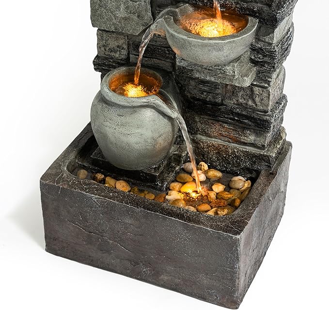 Teamson Home 28.5" Outdoor 4-Tier Stacked Stone Cascading Water Fountain with LED Lights, Gray