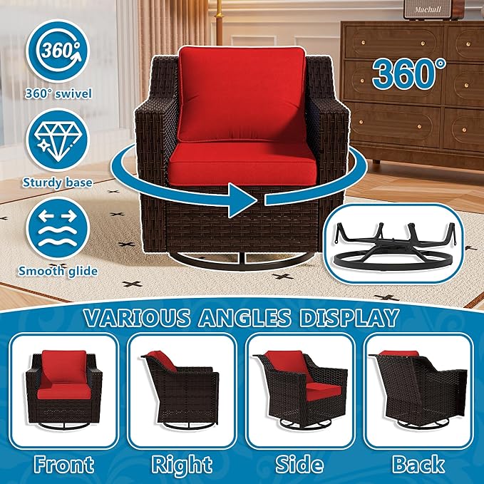 Vista Vibe Outdoor Patio Deep Seat Luxurious Chair - 360 Degree Swivel Glider Rocker Chair with Washable Cushions, Hand-Woven & All-Weather PE Rattan, Balcony, Yard (Brown/Red)