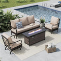 MFSTUDIO 4 Pieces Outdoor Patio Furniture Set, Metal Outdoor Conversation Set, Rattan Wicker Patio Sectional Set with 2 x Rocking Single Sofa, 3-Seat Sofa, 1 x Fire Pit Table, Beige