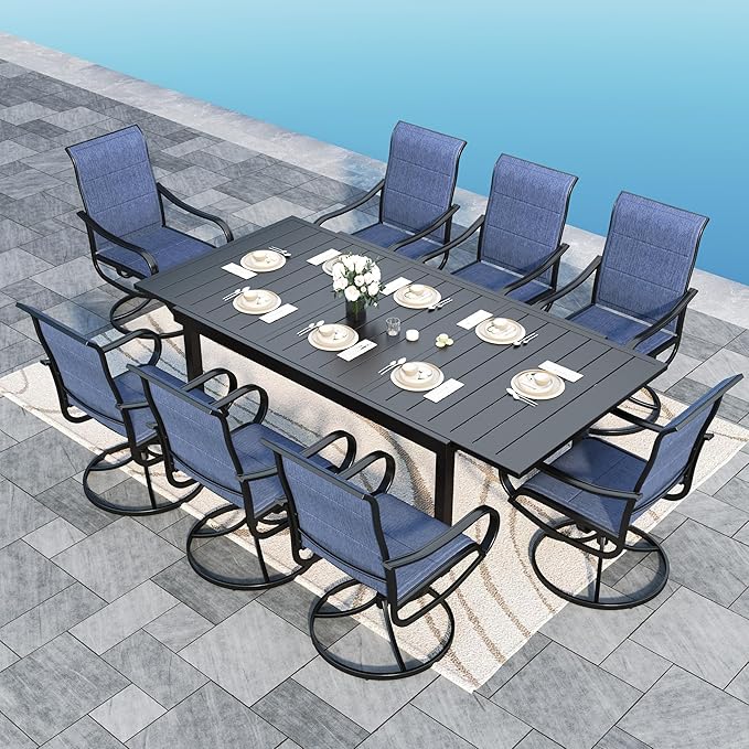 Sophia & William Outdoor Patio Dining Set 9 Pieces, 8 x Textilene Swivel Patio Chairs with Padded and 1 Extendable Dining Table for 6-8, Outdoor Table and Chair Set for Lawn Garden (Blue)