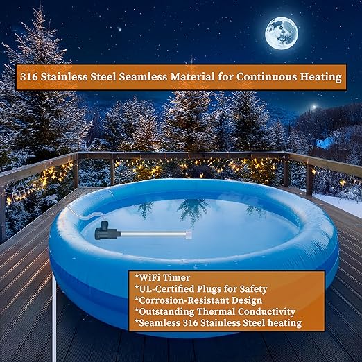 1800W Submersible Pool and Hot Tub Portable Electric Immersion Water Heater with Auto Shut Off and WiFi Timer for Bathtub, Swimming pool, Above Ground Pool, Spa, baptismal pool & Baptistry