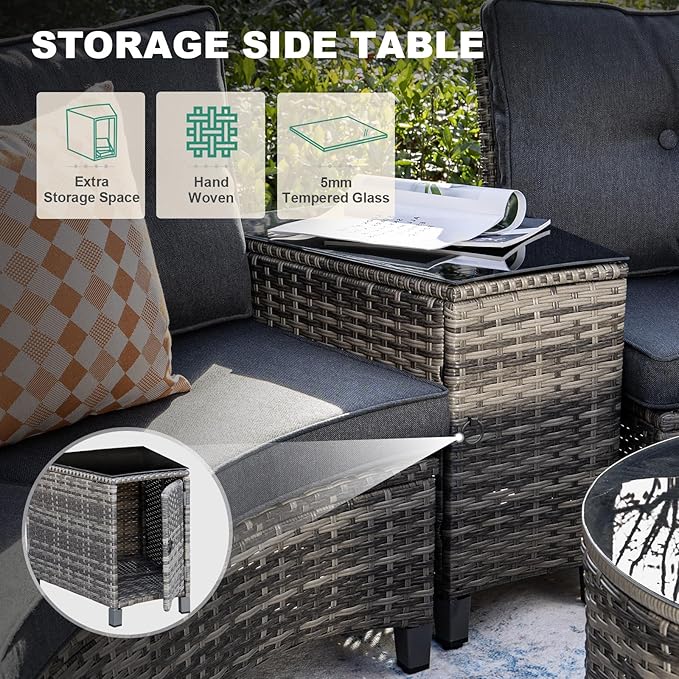 MEISSALIVVE 9 Piece Outdoor Patio Furniture Set, Half-Moon Curved Sectional Sofa Rattan Conversation Set with 2 Wood Armrests Swivel Rocker Chairs, Round Coffee Table & Side Table（Grey）