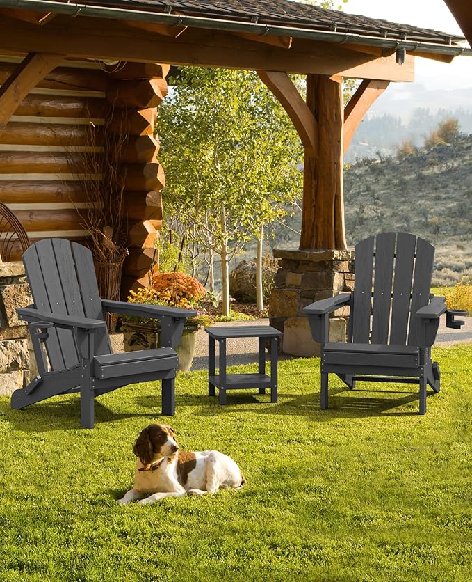 SERWALL Folding Adirondack Chair Set with 9 Ft Umbrella, Adjustable HDPE Adirondack Chair with 3 Recline Positions, Gray (Umbrella Base is not Included)