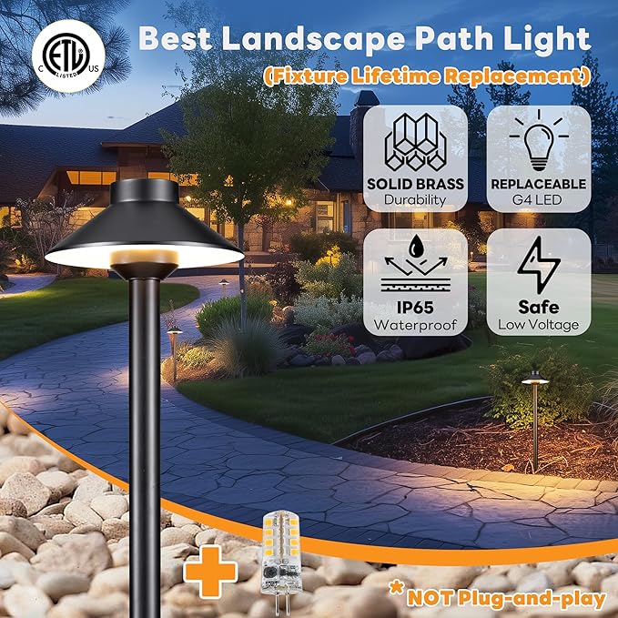 Gardenreet 12V Brass Landscape Path Lights - LED Low Voltage Pathway Lamp IP65 Waterproof, Outdoor Walkway Lighting Wired, Hat Black for Patio Lawn with 3W 270LM 5000K Daylight G4 Bulb (10 Pack)