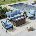 MFSTUDIO 4 Pieces Outdoor Patio Furniture Set, Metal Outdoor Conversation Set, Rattan Wicker Patio Sectional Set with 2 x Fixed Single Sofa, 3-Seat Sofa, 1 x Fire Pit Table, Blue