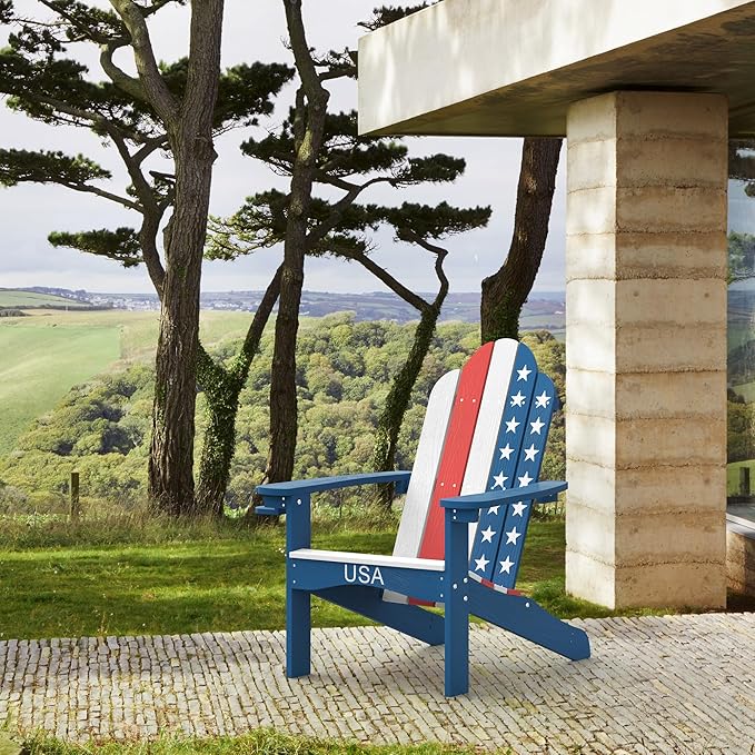 LUE BONA HDPS Adirondack Chairs Set of 2, Fire Pit Outdoor Chair Weather Resistant with Cup Holder, Modern Plastic Chair Plastic for Patio, Deck, Proch, 350LBS, Flag Blue