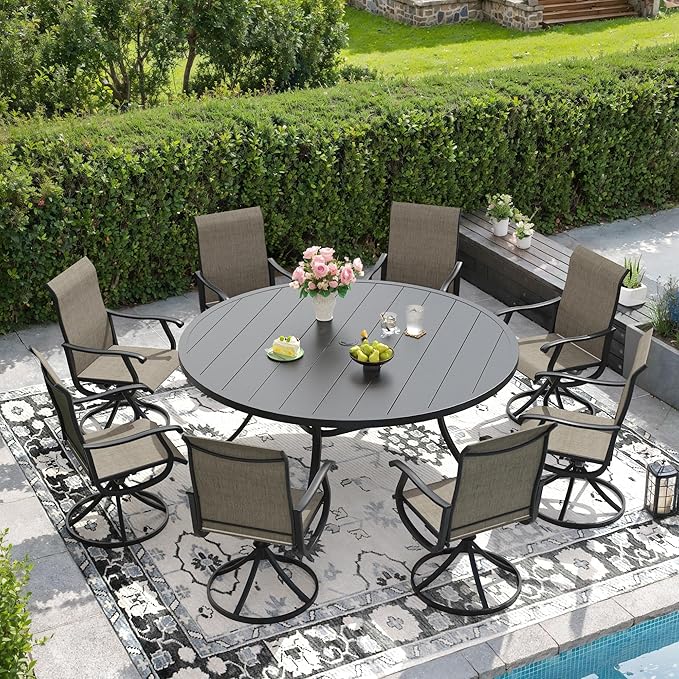 DIFY 60" Round Patio Dining Table for 8-10, Outdoor Metal Dining Table with 1.57" Umbrella Hole for Backyard Lawn Garden, Black
