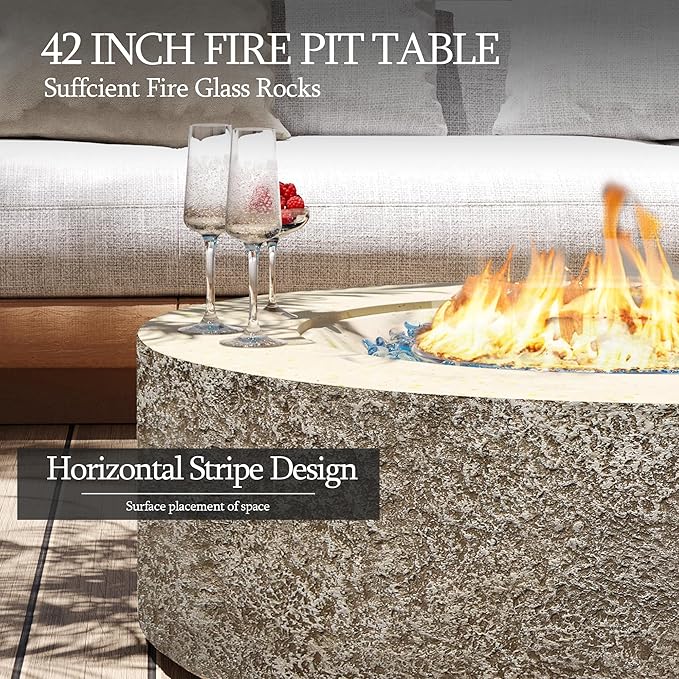 UPHA 42-inch Outdoor Propane Gas Fire Pit Table 50000 BTU Concrete Round FirePit for Outside Patio with Propane Tank Cover, Blue Glass Rocks, Rain Cover, Beige Texture