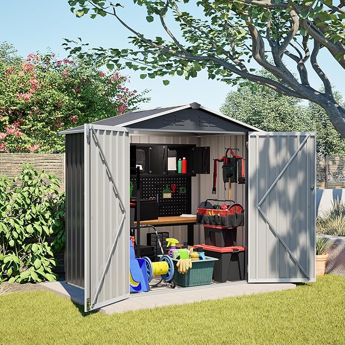 6 x 4 FT Outdoor Storage Shed with Floor Base & Lockable Hinge Door,Metal Garden Shed W/Sloped Roof,for Backyard Patio Lawn,Gray