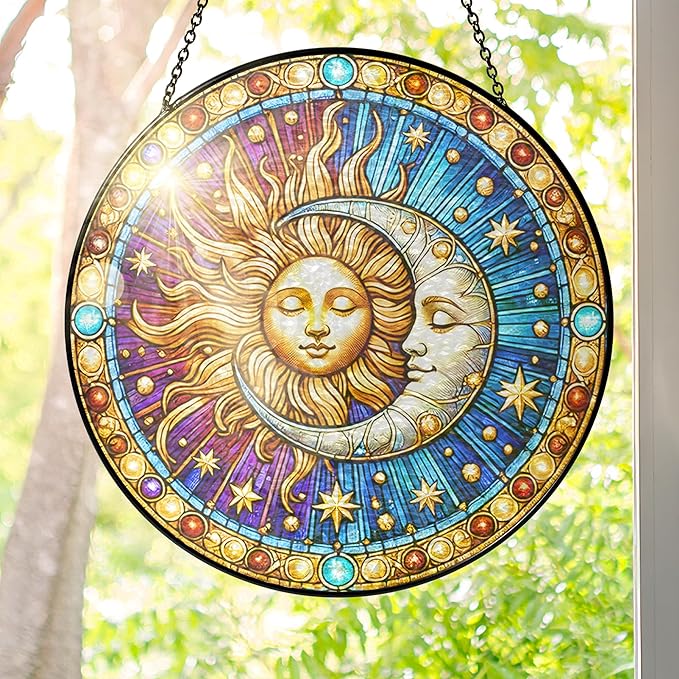 FLAGWIX Christmas Spiritual Gifts for Women Men - Stained Glass Window Hanging 8 in for Sun and Moon Decor - Sun Catchers Indoor Window, Boho Suncatchers for Celestial Decor, Christmas Decorations