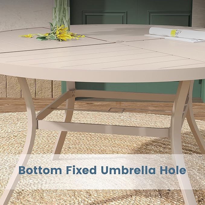 DIFY 7 Pieces Outdoor Patio Dining Set, 6 Sandshell Textilene Swivel Dining Chairs and 53.1" Sandshell Round Metal Dining Table, Outdoor Table and Chairs