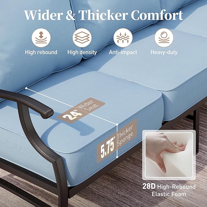 7 Piece Metal Outdoor Patio Furniture Sets, Patio Conversation Sets 1 3-seater Sofa, 2 Fixed Chair, 2 Rocking Chair, 2 Ottomans with 5.75" Thick Cushion, Black Backyard Furniture, Blue