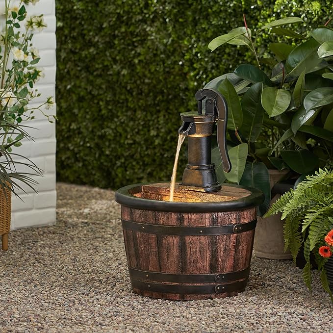 Merax 26.5" High Handcrafted Floor Fountain – Weather-Resistant Outdoor Water Feature with LED Lights, Barrel Design for Garden Patio Yard