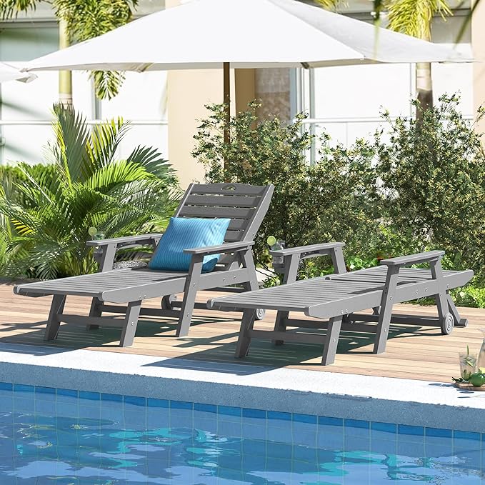 nalone Chaise Lounge Outdoor with 5-Position Adjustable Backrest, HDPE Lounge Chair for Outside Supports Up to 400 LBS, Pool Lounge Chairs for Patio Poolside Deck Beach Backyard (Grey)