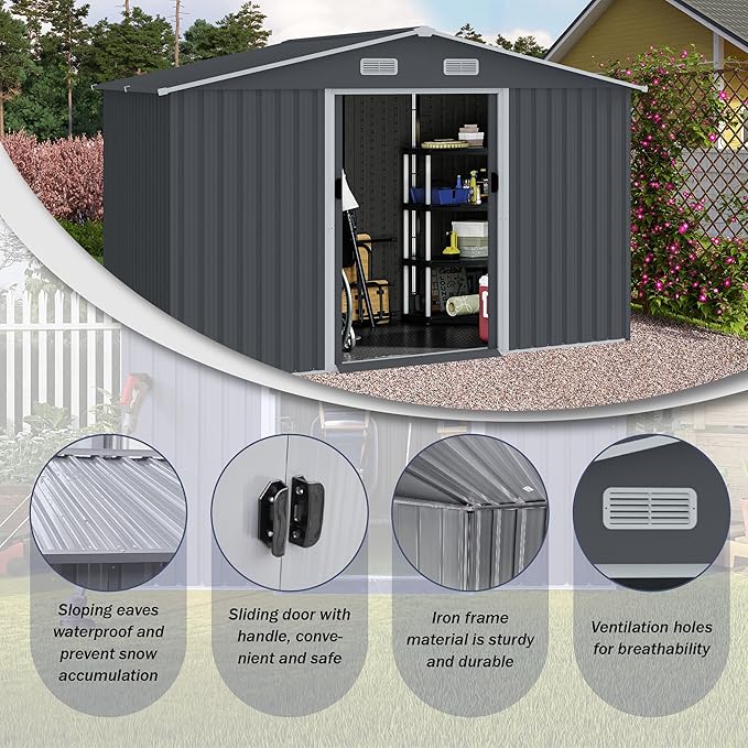 Outdoor Storage Shed 8 x 10 FT Large Metal Tool Sheds, Heavy Duty Storage House with Sliding Doors with Air Vent for Backyard Patio Lawn to Store Bikes, Tools, Lawnmowers Grey