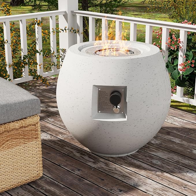 Outdoor Round Propane Fire Pit Table – Premium Terrazzo-Like MgO Finish, Sturdy & Waterproof Gas Fire Table with Glass Wind Guard for Patio, Garden & Backyard, Includes Rain Cover & Glass Beads