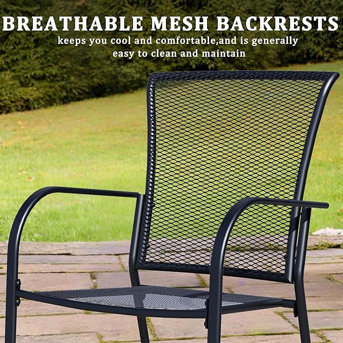 Outdoor Metal Patio Chairs Set of 2, Stackable Iron Mesh Dining Chairs with Armrests, All-Weather Bistro Chairs for Garden, Backyard, Porch, or Balcony