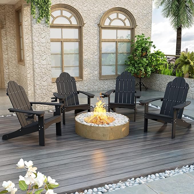 LUE BONA HDPS Adirondack Chairs Set of 2, Fire Pit Outdoor Chair Weather Resistant with Cup Holder, Modern Plastic Chair Plastic for Patio, Deck, Proch, 350LBS, Black