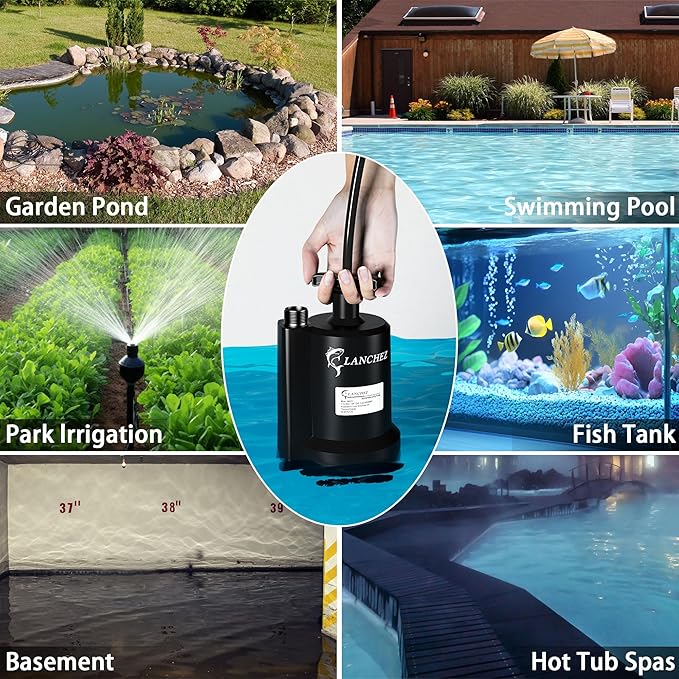 Lanchez Sump Pump, 1/2 HP 2450GPH Submersible Utility Water Pump, Thermoplastic Portable Electric Water Removal Transfer Pump with 10FT Cord for Swimming Pool Basement Garden Pond Tubs Draining
