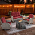 5 Piece Patio Furniture Set with Fire Pit Table - Wicker Patio Conversation Set with Swivel Glider, Glider Loveseat, Tempered Glass Side Table for Deck Backyard - Grey Wicker Red Cushion