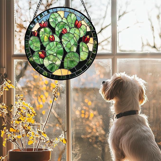 Stained Glass Window Hanging - Green Cactus Suncatcher for Doors Garden Patio Retro Plants Sun Catchers Decor Christmas Mother's Day Birthday Gifts for Women Men Mom Nana Friend 7.8 in