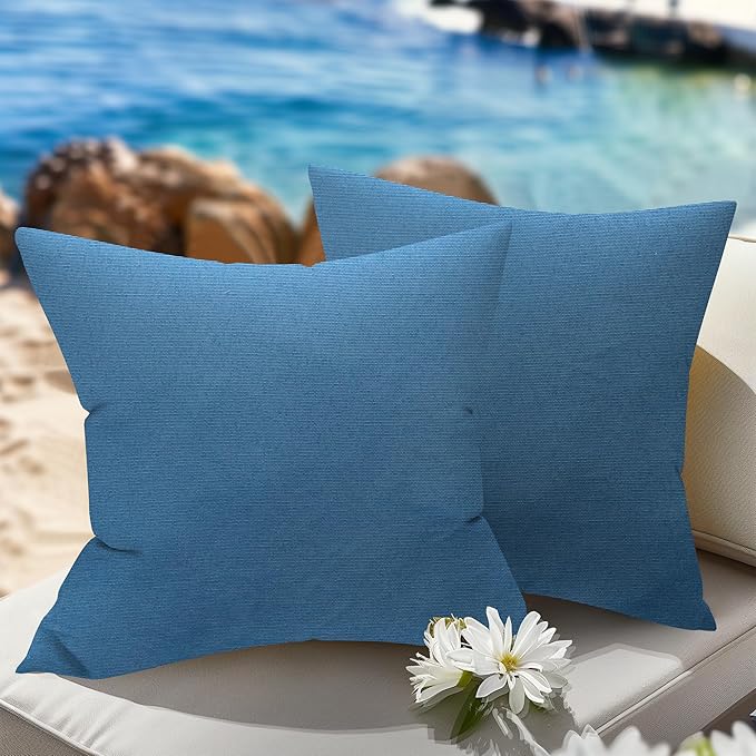 WOLKI Waterproof Outdoor Pillows 20x20 Feather and Down Filled Throw Pillow for Patio Furniture, Outside Decorative Pillow Set of 2,Blue