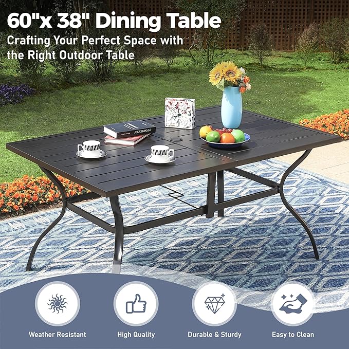 7 Piece Patio Dining Set for 6, Rectangular Metal Dining Table with Umbrella Hole and 6 Chairs, Outdoor Table and Chairs Set for Lawn Backyard and Deck, Red