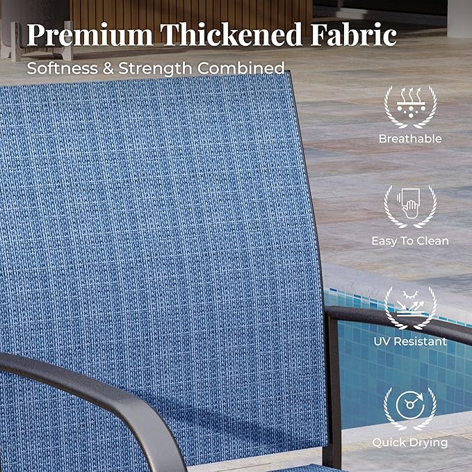 7 Pieces Patio Table and Chairs Set, Outdoor Dining Furniture Set for 6, 6 Blue Textilene Chairs and 61" Wood-Like Table Top with Umbrella Hole, for Deck Backyard Lawn