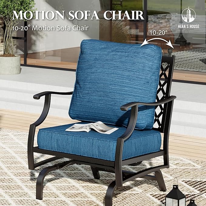 HERA'S HOUSE Outdoor Chairs Set of 2, 2 x Patio Chair with Pacific Blue Cushions, All Weather Outdoor Furniture for Lawn Garden Backyard Deck(Rocking Chairs)