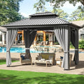 WKM 10x12 FT Hardtop Gazebo with Heavy Duty Galvanized Steel Double Roof, Aluminum Frame Permanent Pavilion with Curtains and Netting, Outside Canopy Gazebo for Patio, Deck and Backyard, Grey