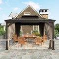 10'x12' Hardtop Aluminum Gazebo, Permanent Outdoor Canopy with Galvanized Steel Double Roof Heavy Duty Pavilion with Curtains and Netting for Garden Patio Lawn Deck