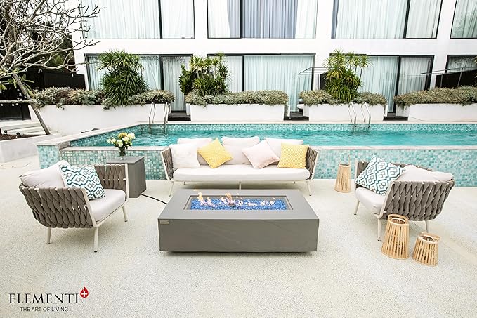 Elementi+ | Meteora Gas Fire Pit Cast Concrete 56" Rectangular Fire Table, Outdoor Fire Pit Electronic Ignition | Canvas Cover, Fire Glass and Burner Lid Included | Light Gray | Natural Gas