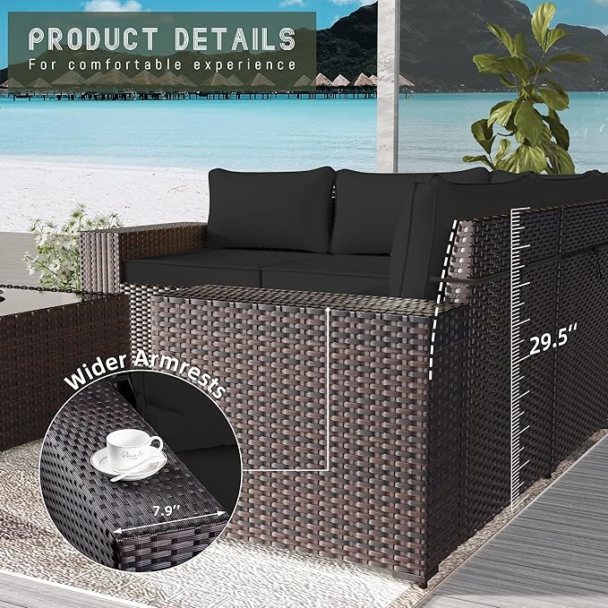 Outdoor Patio Furniture Set with Propane Fire Pit Table, 7 Pieces Outdoor Furniture Patio Sectional Sofa Conversation Sets w/ETL Approved 43" Gas Outdoor Fire Table & Coffee Table (Black)