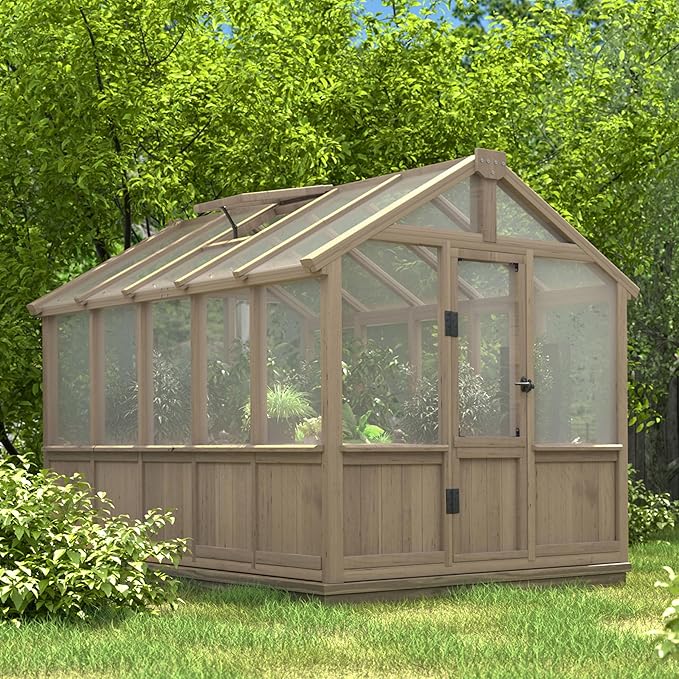 6x10 FT Green House for Outdoor, 6MM Thick Polycarbonate Panel Wooden Walk-in Greenhouse Kit with Lockable Door and Adjustable Roof Vent, Backyard Garden, Light Mocha Brown