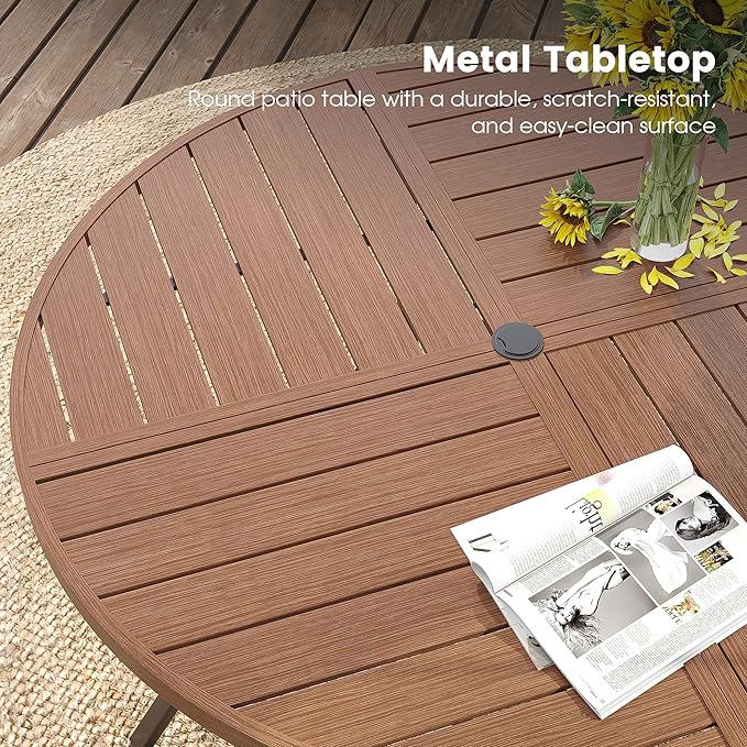 DIFY 9 Pieces Outdoor Patio Dining Set, 8 Brown Textilene Swivel Dining Chairs and 59.8" Walnut Round Metal Dining Table, Outdoor Table and Chairs