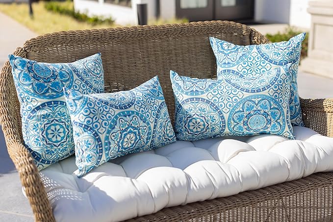 RSH DECOR: Square Throw Pillows Set of 4 | 17” x 17” | All-Weather Spun Fabric | Water and Fade-Resistant | Outdoor Accent Pillows for Patio Furniture | Blue Wheel Indigo