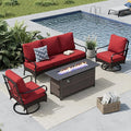 MFSTUDIO 4 Pieces Outdoor Patio Furniture Set, Metal Outdoor Conversation Set, Rattan Wicker Patio Sectional Set with 2 x Swivel Single Sofa, 3-Seat Sofa, 1 x Fire Pit Table, Red