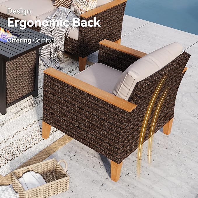 GREEN PARTY 7 Pieces Wicker Patio Furniture Set with 56" Fire Pit Table, All-Weather Outdoor Rattan Patio Sectional Sofa Conversation Set 7 Seats with 4" Thick Cushions for Garden, Backyard