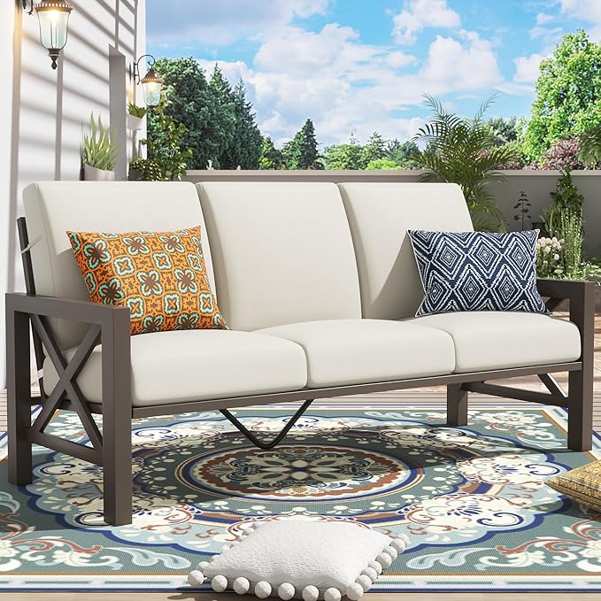 NATURAL EXPRESSIONS 4 Pieces Patio Furniture Set, Outdoor Furniture Sofa Sectional Modern Metal Patio Conversation Set with High Back Backrest & 3 Seater Loveseat and 2 Fixed Chairs