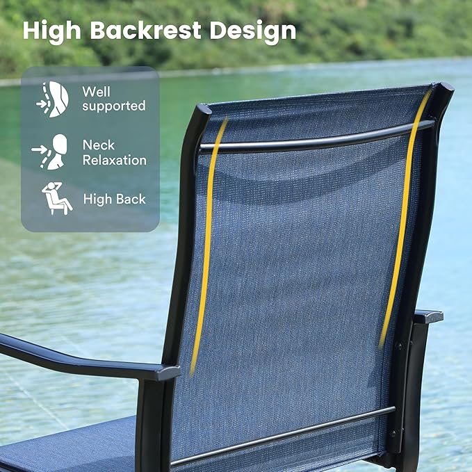 VICLLAX 7 Pieces Patio Dining Set for 6, Outdoor Furniture Set Includes 47.2" Outdoor Round Table and 6 Patio Swivel Chairs for Lawn Garden, Black Tabletop and Blue Fabric