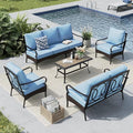 MFSTUDIO 5 PCS Outdoor Patio Furniture Set, Metal Outdoor Conversation Set, Rattan Wicker Patio Sectional Sofa Set with 2 x Fixed Single Sofa, 2-Seat and 3-Seat Sofa, 1 x Coffee Table, Blue