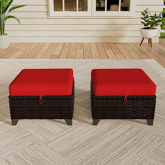 Vista Vibe 2 Pieces Patio Wicker Ottomans, Luxurious Footstools, Outdoor Small Footrest, Wicker Furniture with Removable Cushions,All-Weather PE Rattan, Garden, Backyard, Porch(Brown/Red)